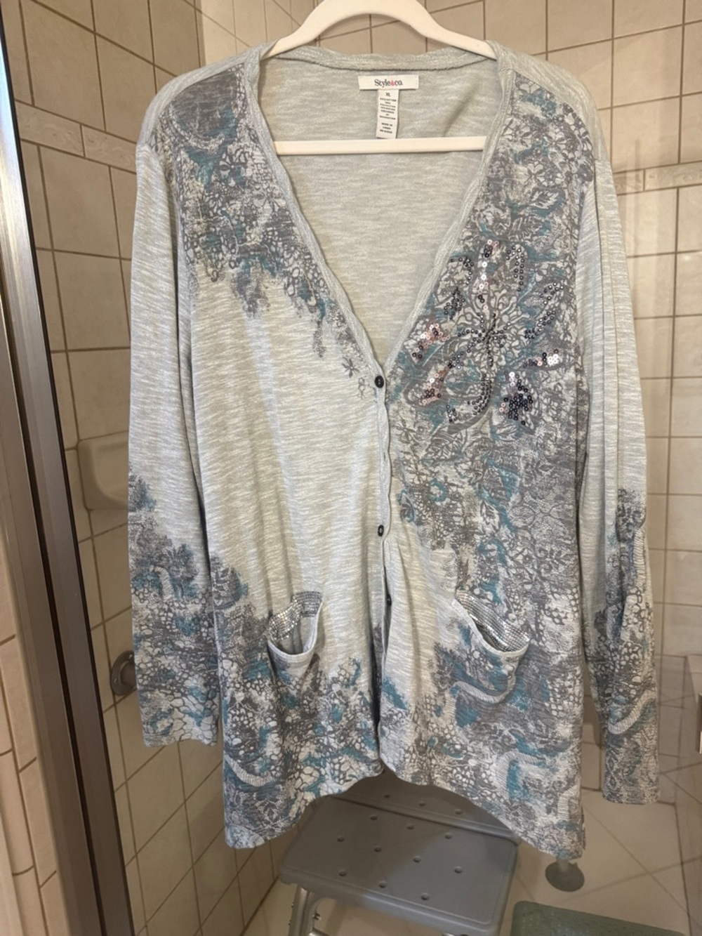 Style & Co. Light Gray Cardigan with Blue Floral Embellishment
